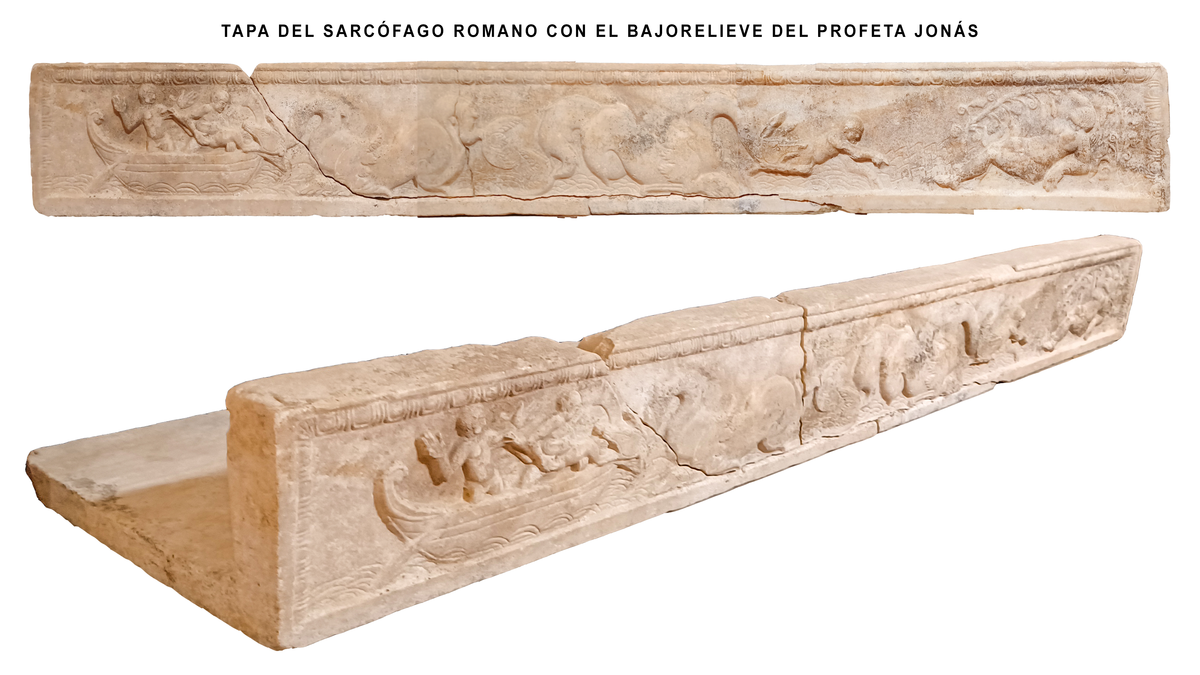 Tapa de sarcofago romano con relieve del pasaje del profeta Jonás