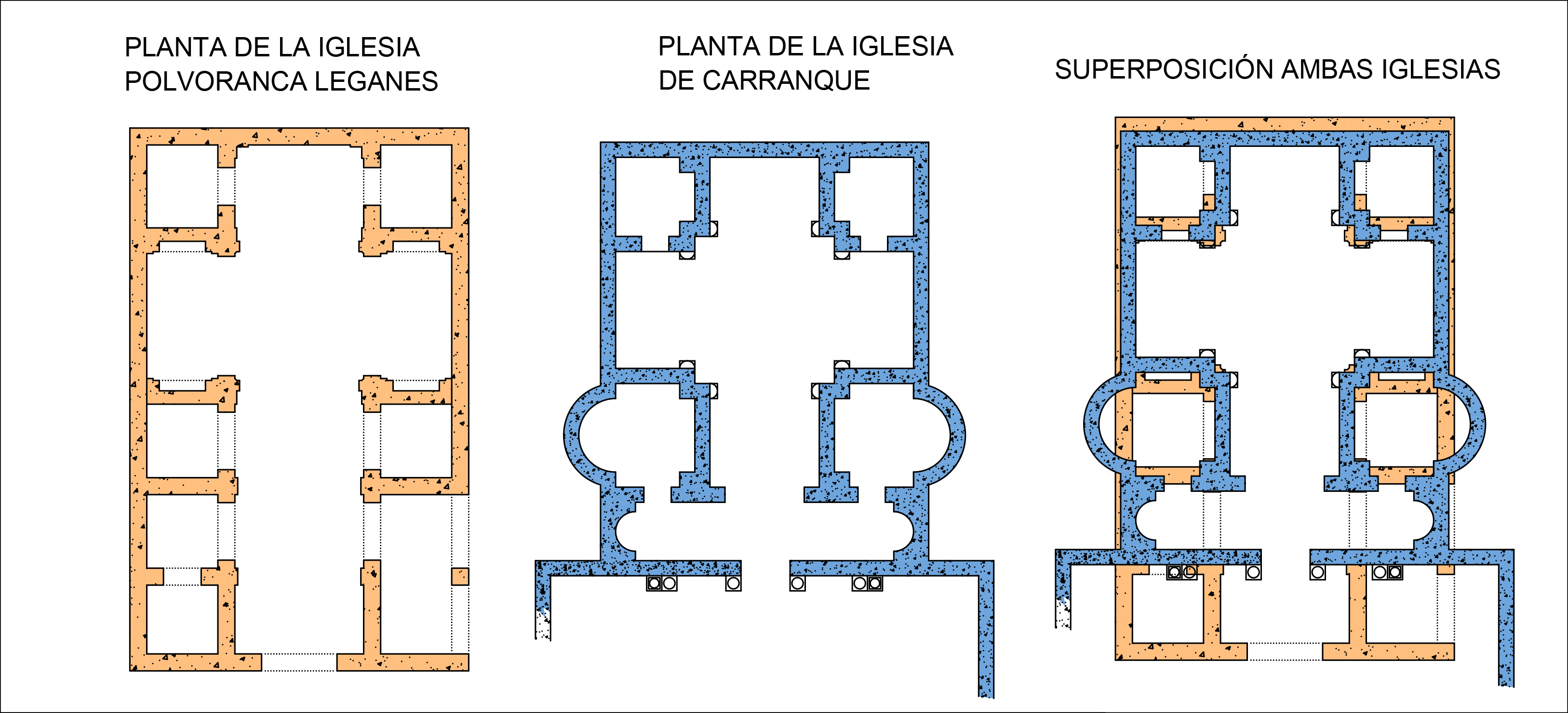 Superposición de los planos de planta de las dos iglesias.