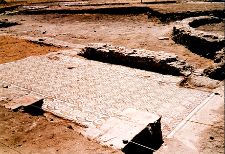 Mosaico del peristilo en excavación.